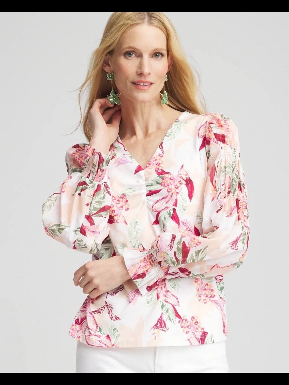 Chico's Pink Floral V-Neck Puff-Sleeve Blouse